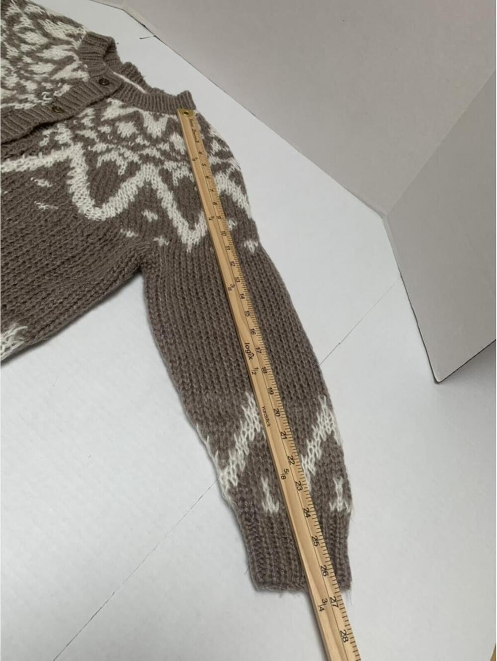 Vintage Knit Mania Hand Knit Taupe Cream Fair Isle Heavy Cardigan Sweater Small - Picture 7 of 8